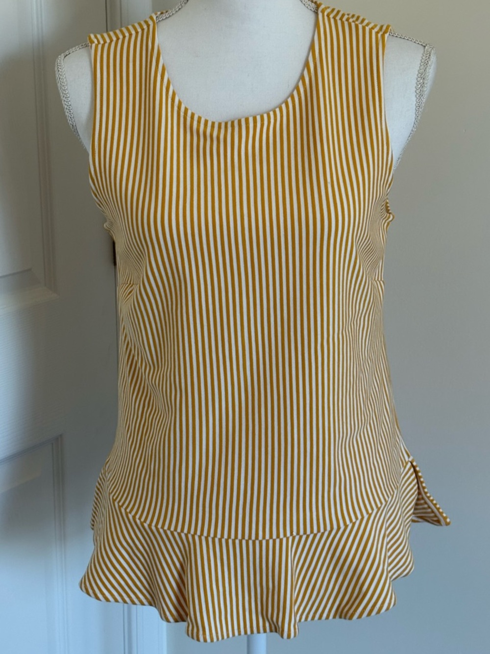 Ann Taylor Yellow and White Striped Sleeveless Peplum Tank